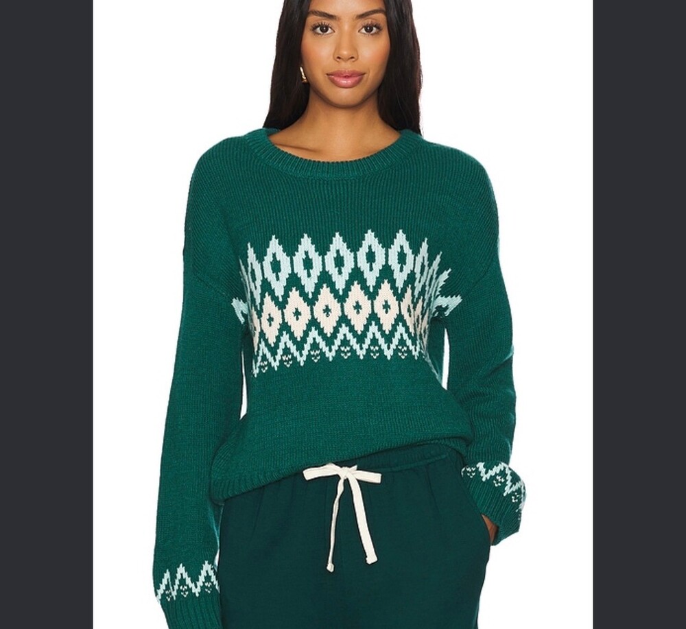 Monrow Wool Fair Isle Crew Neck Sweater Forest Green Sweater XS